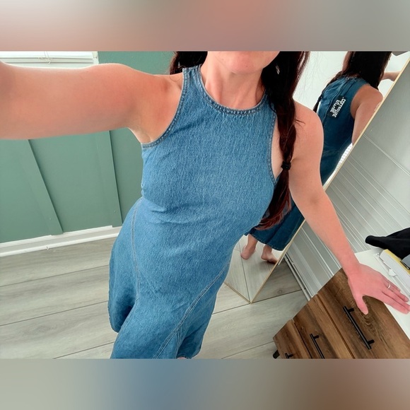 Future Collective Racerback Denim Midi A-Line Dress Medium Wash | 4 - Picture 4 of 16